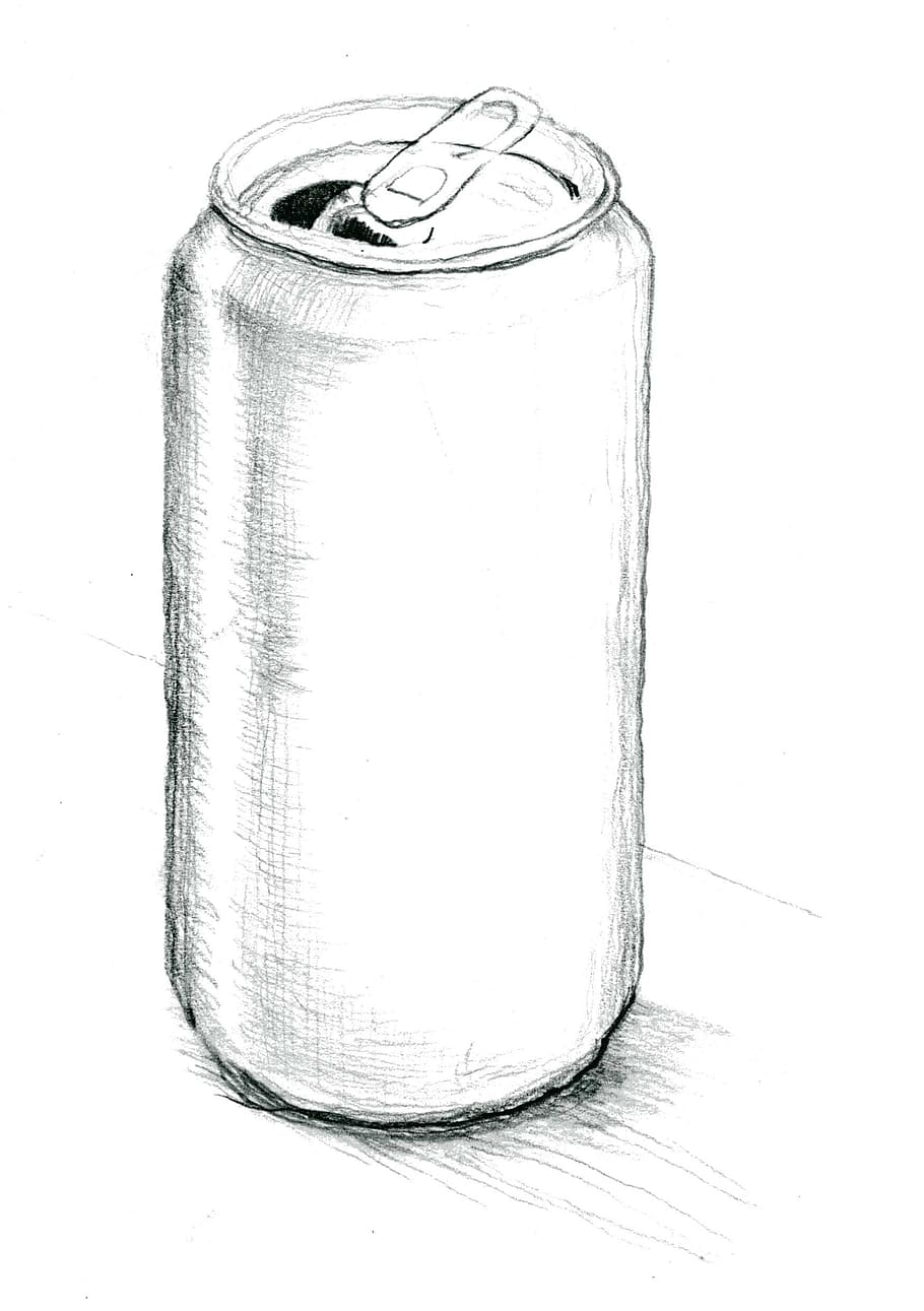 Tin Can, Pencil Drawing, Grayscale, Scan, grayscale scan, white background, can, single object, drink, jar