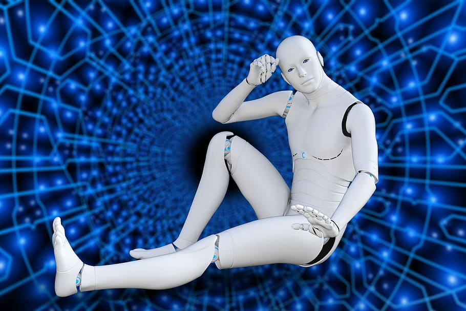 ilustrasi robot pria, futuristik, robot, cyborg, kecerdasan, buatan, teknologi, representasi manusia, biru, representasi
