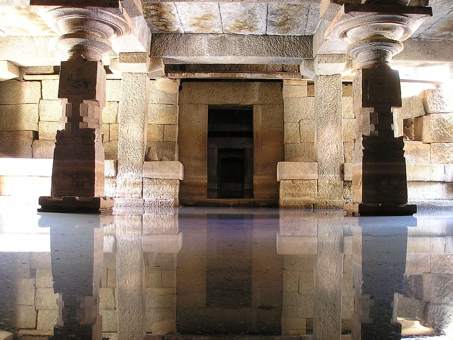 brown concrete structure, india, temple, water, mirroring, reflection, flooded, antique, historically, asia