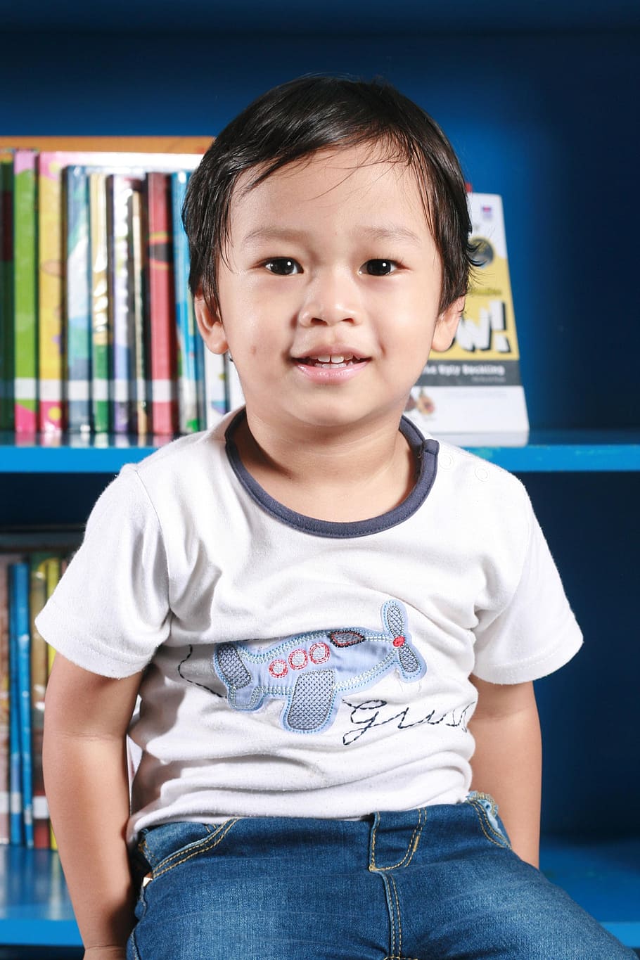 boy, white, shirt, blue, pants, sitting, shelf, Son, Kid, Child | Pxfuel