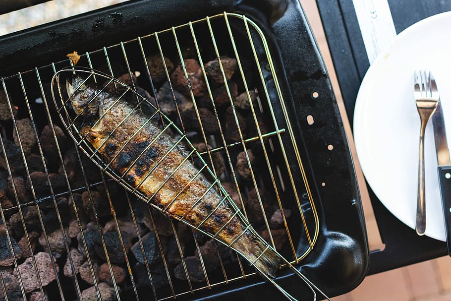 grilled fish, Grilled, fish, barbeque, grilling, top view, barbecue Grill, food, barbecue, cooking