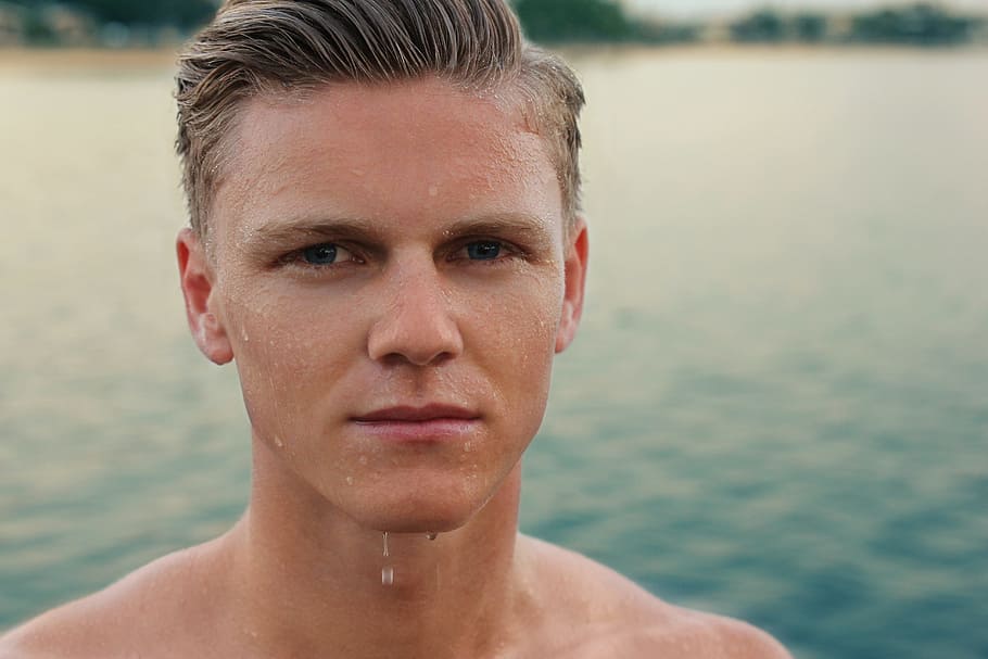 man, blond, hair, water, dripping, chin, wet, male, face, swimming