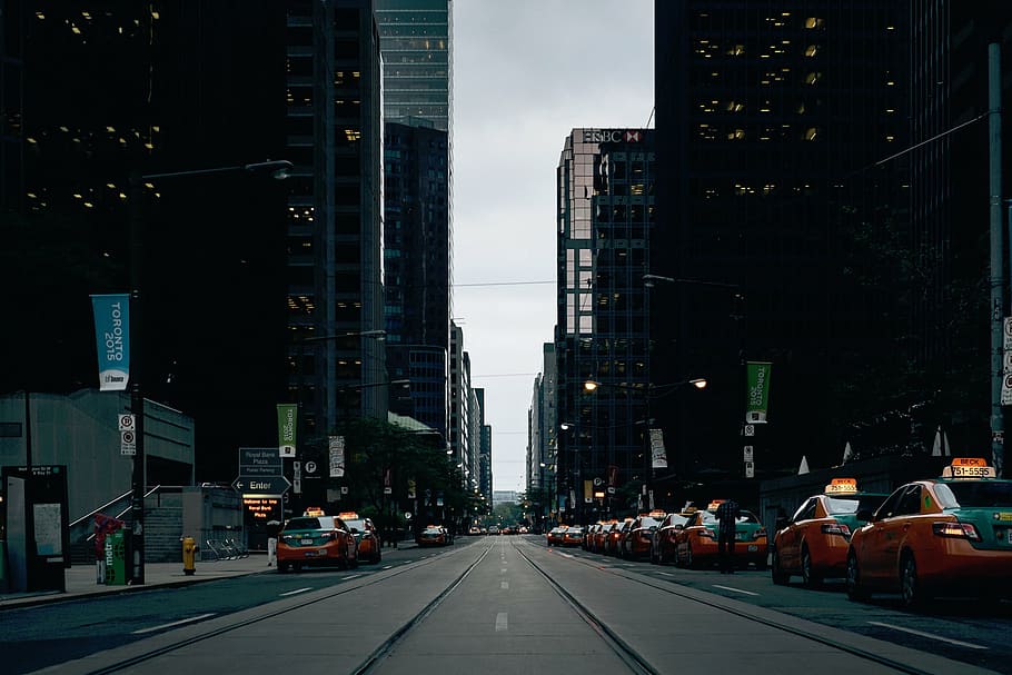 cars, road, buildings, city, urban, architecture, skyscrapers, taxi, cabs, street