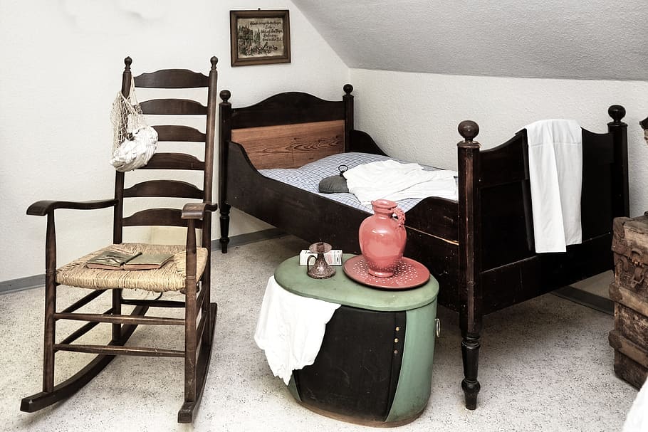Bed, Rocking Chair, Chest, Old, historically, old furniture, furniture, nostalgic, nostalgia, indoors