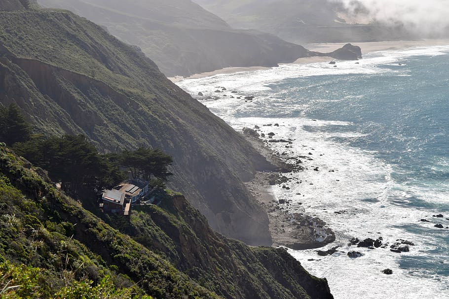 big sur, california, ocean, beach, roadtrip, house, landscape, nature, cliff, blue