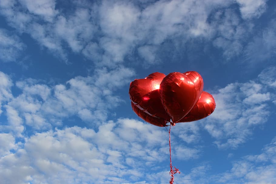sky, outdoors, heart, balloons, nature, marriage, in love, red, balloon, cloud - sky