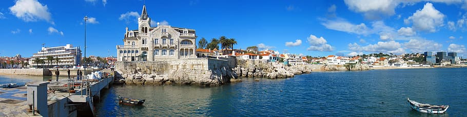 white, canoe boat, body, water, cascais portugal, panorama, port, sea, architecture, building exterior