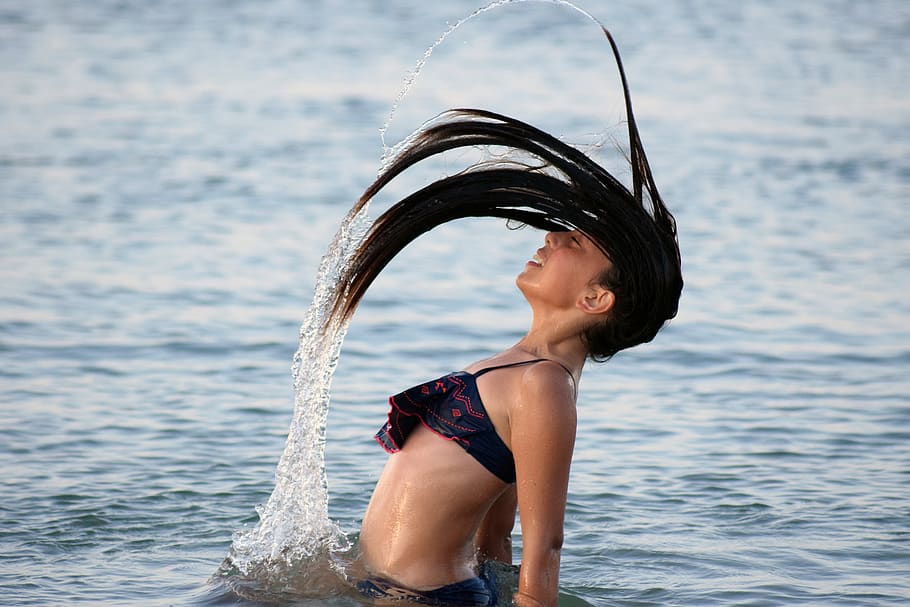 sea, girl, playing, beach, motion, action, summer, hair, water, drops