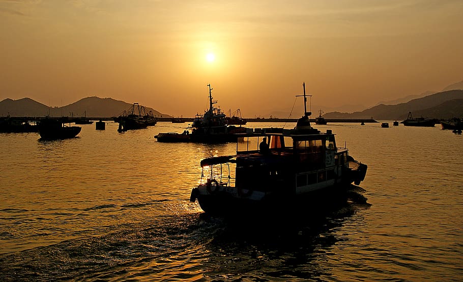 Cheung Chau, Isla, Hong Kong, barcos en el mar, embarcación náutica, transporte, agua, cielo, modo de transporte, puesta de sol