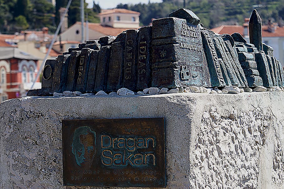 monument, pedestal, dragan sakan, book, writer, souvenir, memory, tribute, pyran city, plaque