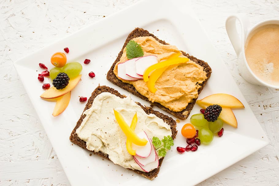 butter on toasts, breakfast, healthy, colorful, hummus, spread, whole wheat bread, whole wheat, coffee, fruit
