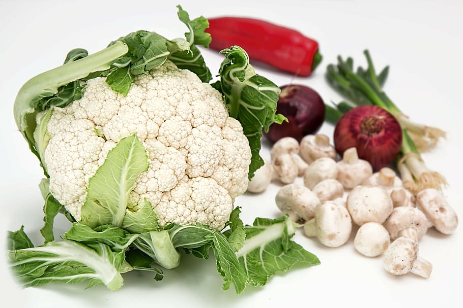 cauliflower, vegetables, mushrooms, onions, food, healthy, green, raw, vegetarian, fresh