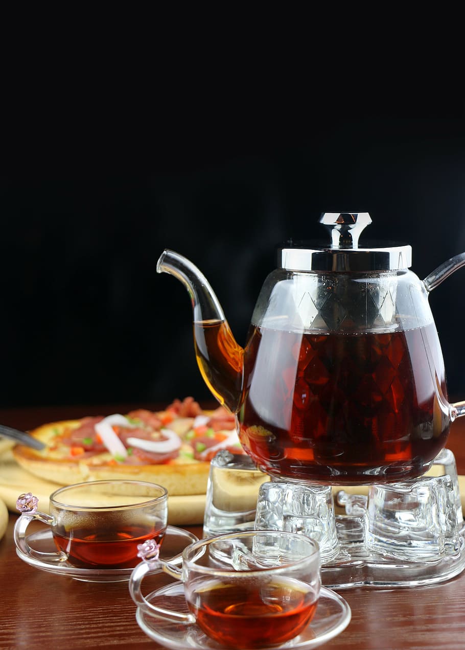 bule de vidro, cheio, líquido, bebidas, chá preto, india darjeeling, chá - bebida quente, chá, bule de chá, bebida quente