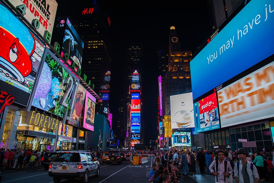 time square, malam, Scene urban, jalan, orang, kota Kehidupan, neon Cahaya, papan iklan, Tanda komersial, kali Square - Manhattan