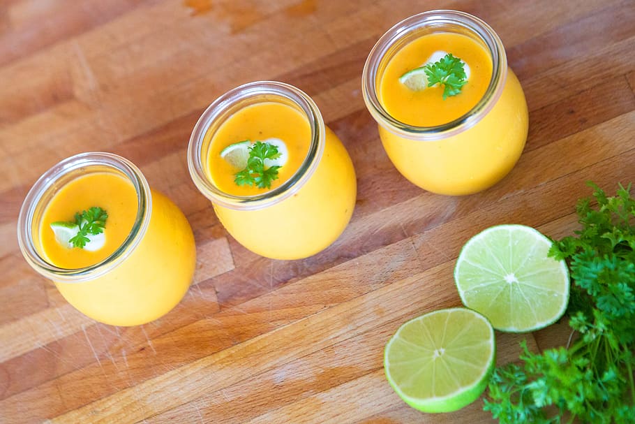 three, lemon juices, brown, wooden, surface, Soup, Yam, Lime, Parsley, Cook