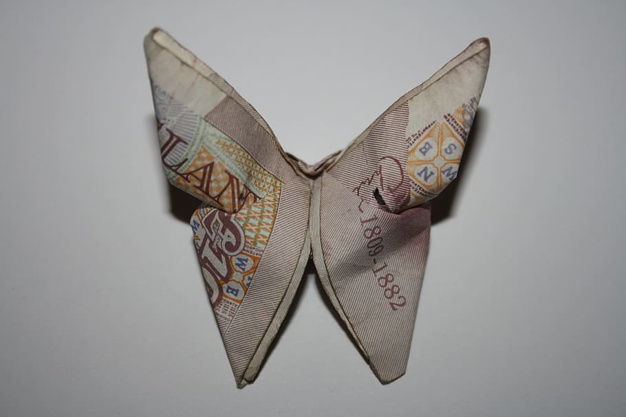 brown, beige, banknote butterfly origami, Pounds, Tenner, Bank, Butterfly, Origami, bills, cash
