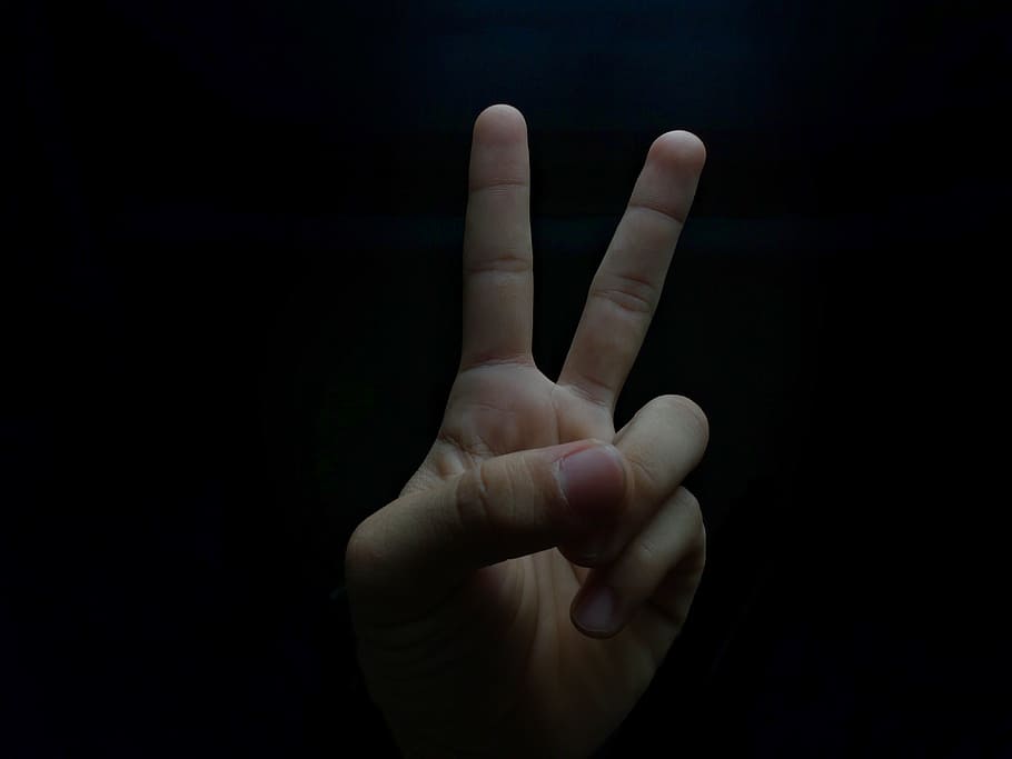 person, showing, peace handsign, hands, two fingers, index finger, the middle finger, the ring finger, little finger, thumb