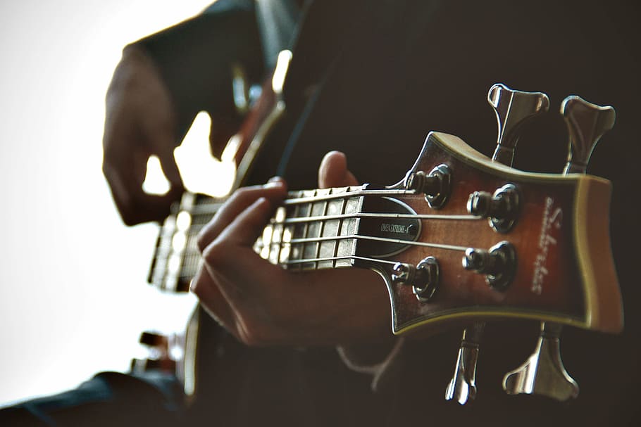peson player schecter, four, string bass, guitarist, guitar, playing, musician, music, instrument, musical