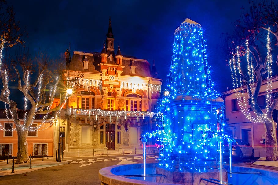 Iluminações, natal, campanário, luzes, inverno, jonquières-saint-vincent, cor, noite, iluminado, decoração de natal