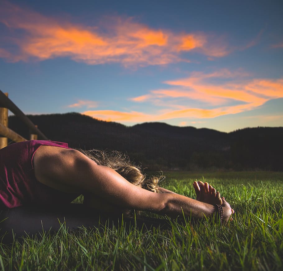 woman, sitting, grass, stretching, adult, dawn, exercise, field, girl, lawn