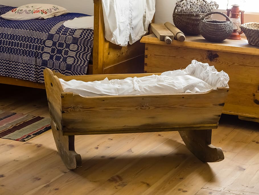 brown, wooden, rocking bassinet, bed, Cradle, Village, Chamber, Wood, wood - material, indoors