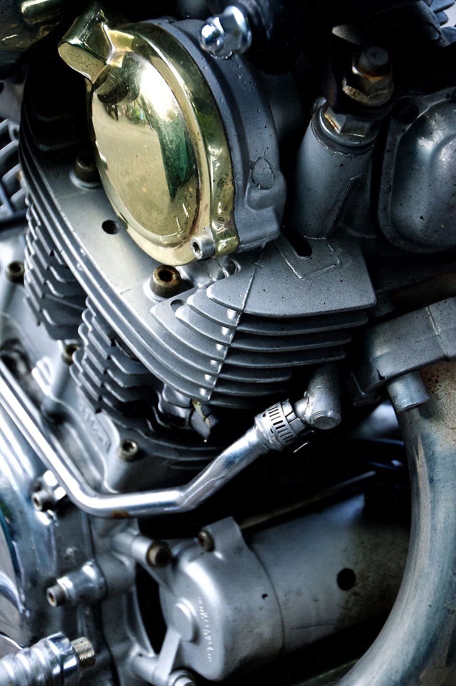 gray motorcycle engine, yamaha, motorcycle, details, technology, chrome, metallic, metal, bikes, oldtimer