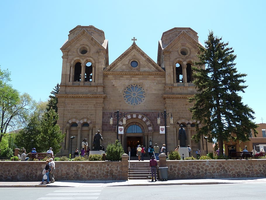 people, walking, Cathedral, Basilica, Church, cathedral of basilica, religion, building, santa fe, new mexico