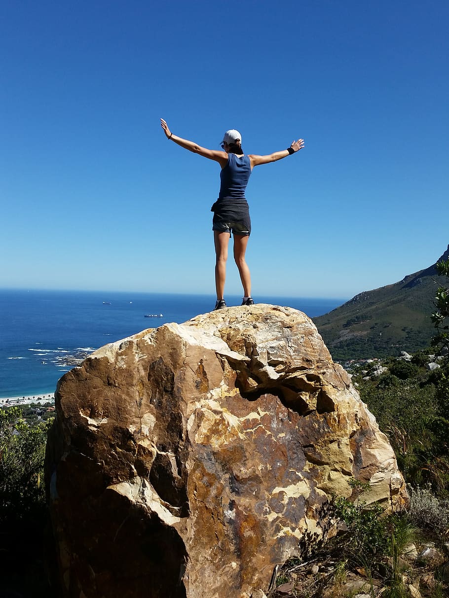 cape town, south africa, mountain, girl, dom, africa, sea, scenic, views, girl standing on rock