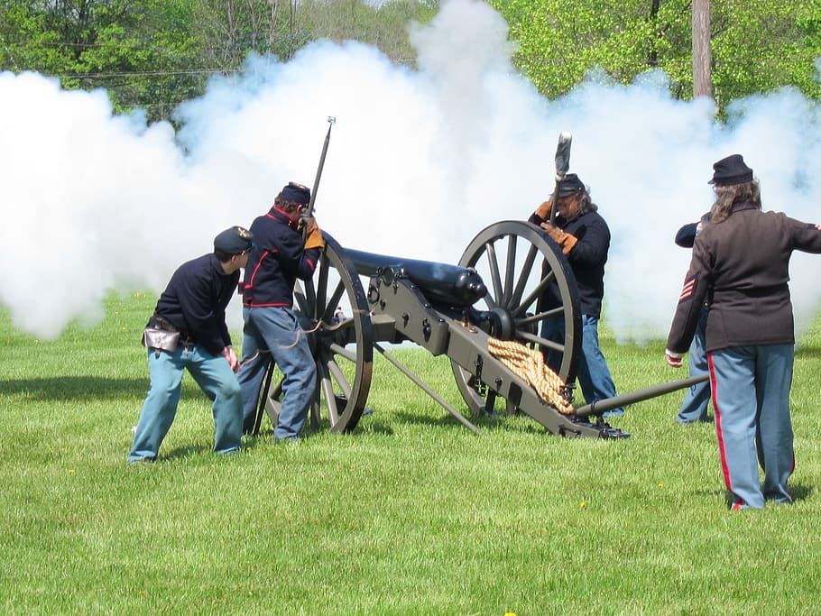 five, man, holding, cannon, civil, war, history, reenactment, soldiers, smoke