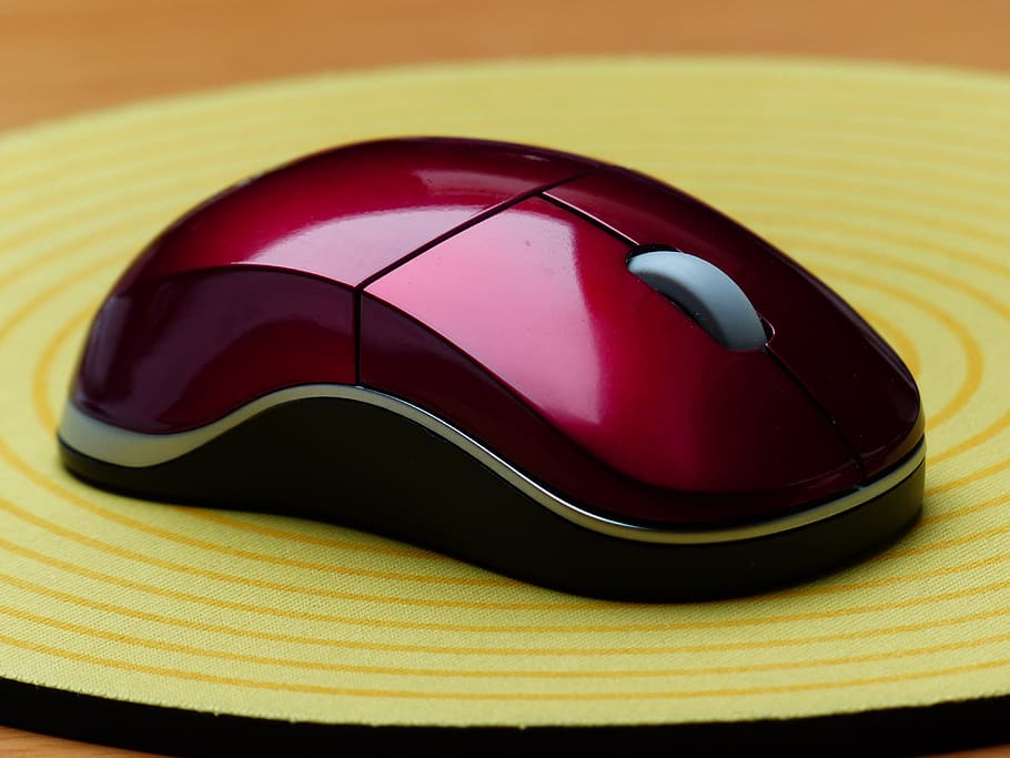 red, wireless, computer mouse, mouse pad, computer, input device, mouse, peripheral, hardware, shiny