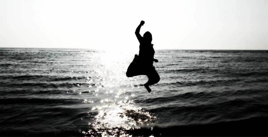silhouette, person, jumping, body, water, happy boy, boy flying, good news for man, boy, child