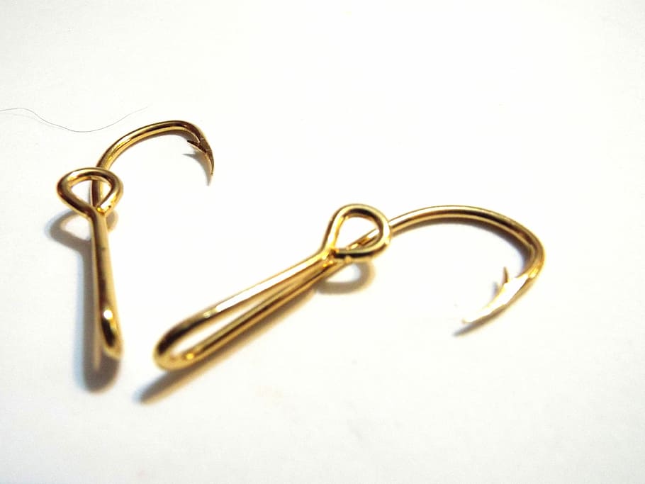 Hooked, Fishing, paper clip, metal, paper, gold colored, office, gold, white background, studio shot