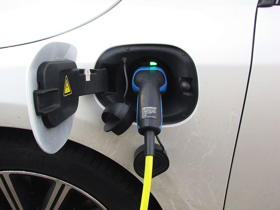gray, vehicle, parked, gasoline station, plug-in, electricity, e-car, hybrid car, power cable, plug