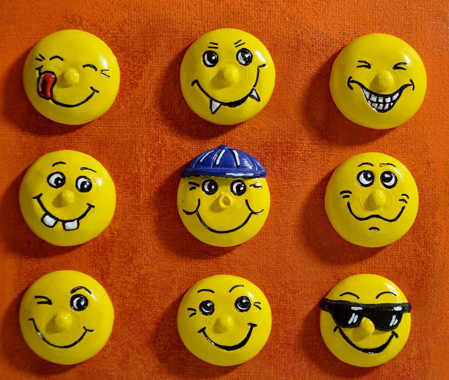 assorted emoji pins, smiley, laugh, funny, emoticon, smilies, yellow, smiling, representation, anthropomorphic smiley face