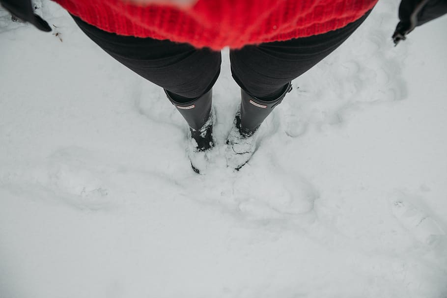 pessoa, em pé, neve, Preto, jeans, botas, pessoas, mulher, bota, viagem