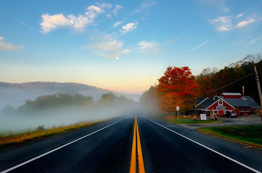black, asphalt road, blue, sky, daytime, massachusetts, fall, autumn, colors, clouds