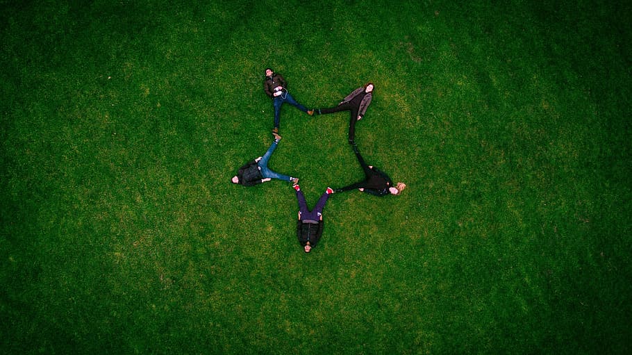 five, people, forming, star, lying, grass field, adult, athlete, field, formation