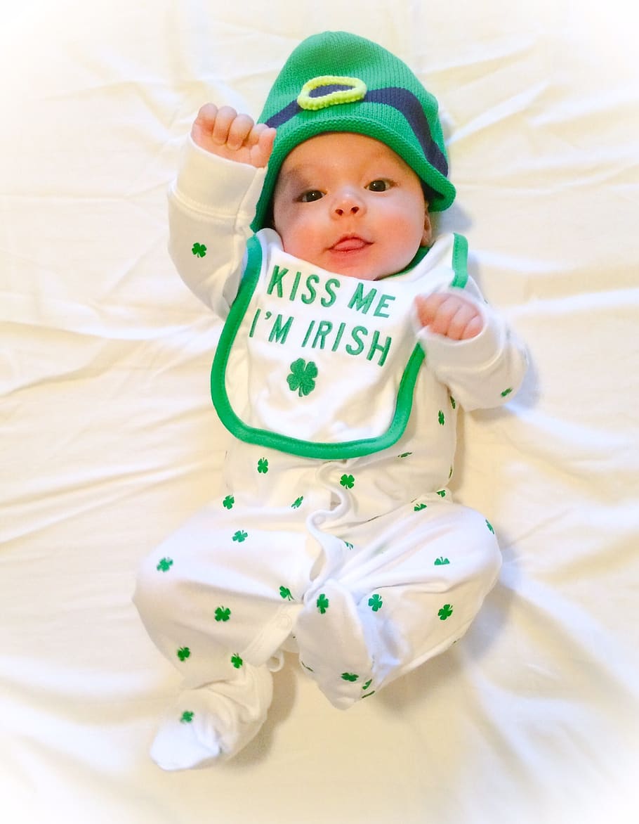 bebê, irlandês, gabarito, verde, bonitinho, chapéu, férias, trevo, sortudo, infância