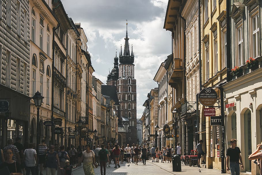 krakow, street, poland, tourism, old, tower, europe, summer, building exterior, architecture