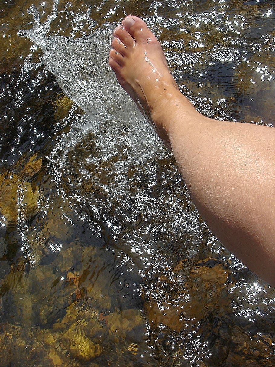foot, river, summer, bath, cold, water, sun, human body part, one person, real people