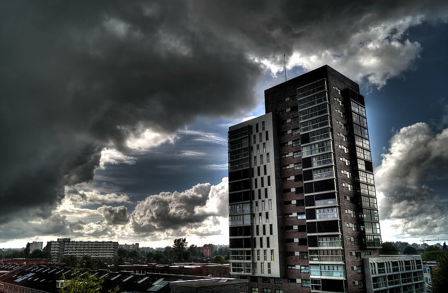 high-rise, building, daytime, urban, high rise, clouds, weather, storm, sunrays, sky