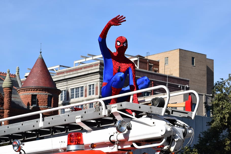 person, spider-man costume, spider man, super hero, superhero, parade, full length, architecture, human limb, one person