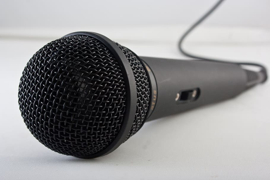 black, gray, corded, microphone, white, surface, music, sing, sound, musical