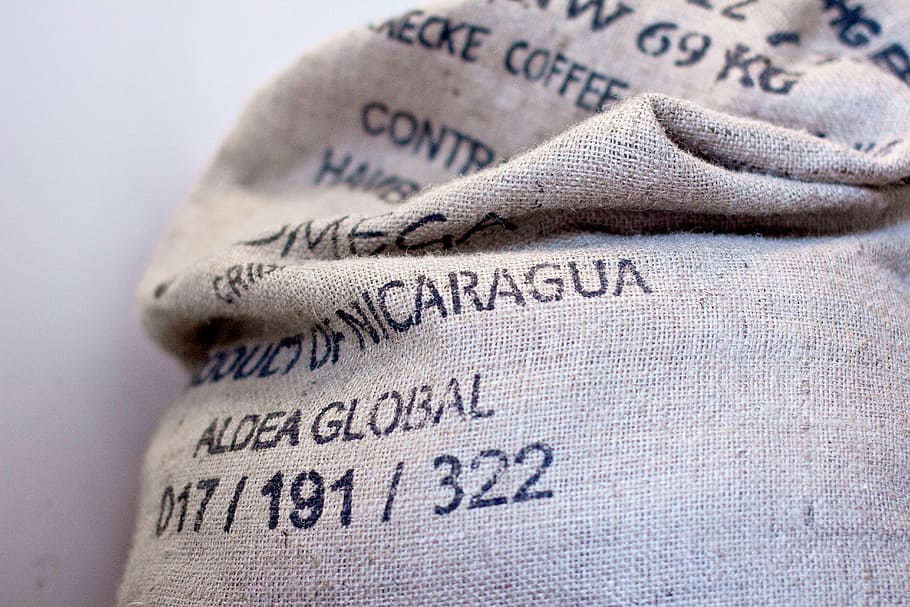white, black, sack bag, aldea, global, sack, burlap, coffee, beans, text