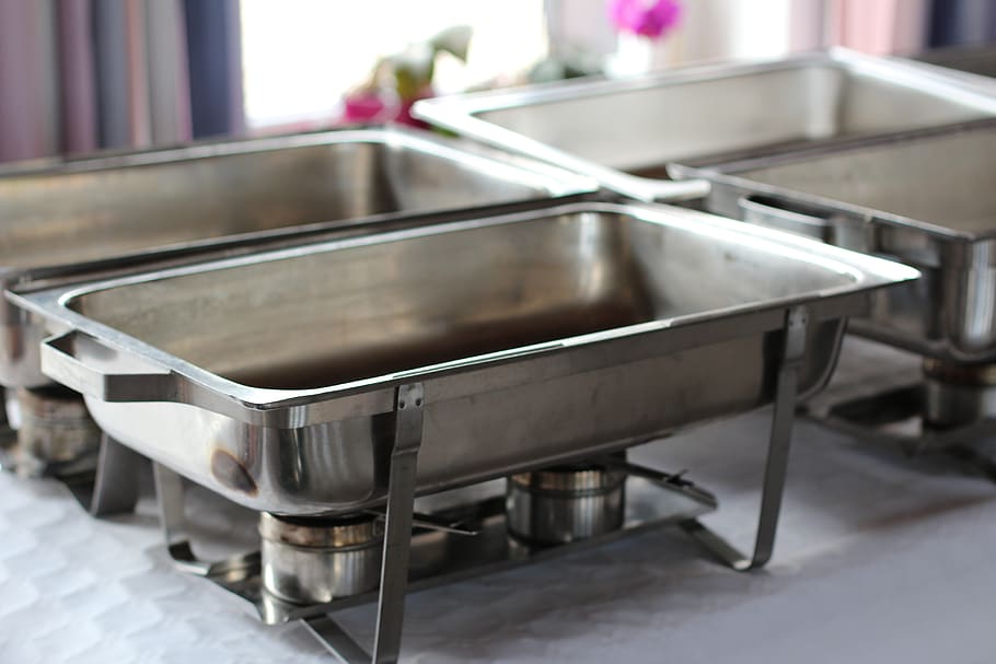 food warmers pans, pans, party service, catering, buffet, container, service, party, eat, indoors