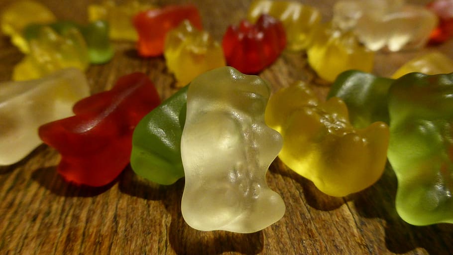 beruang gummi, jeli buah, permen, agar-agar, warna-warni, warna, merek, menggigit, mengunyah, manis