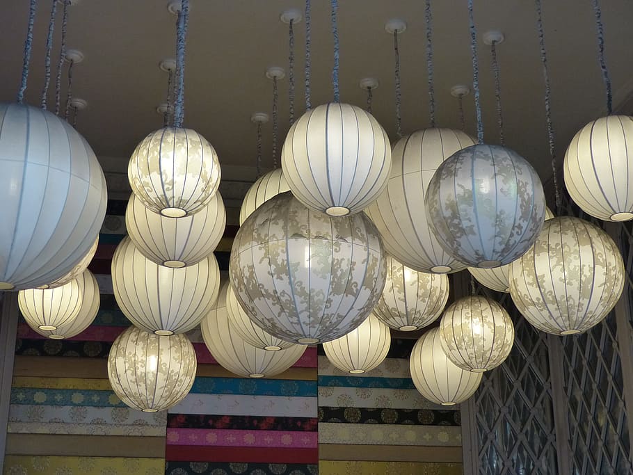 white, grey, lighted, pendant lamp lot, Vietnam, Chinese Lanterns, Design, ceiling lights, lamps, lamp shades