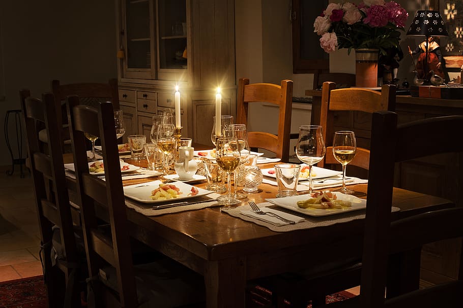 foto, formal, cena, ajuste, mesa, elegante mesa, elegante, plato, celebración, interior
