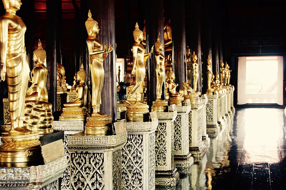 金色の仏像, 内部, 寺院, バンコク, 仏, 金, 瞑想, 仏教, タイ, アジア