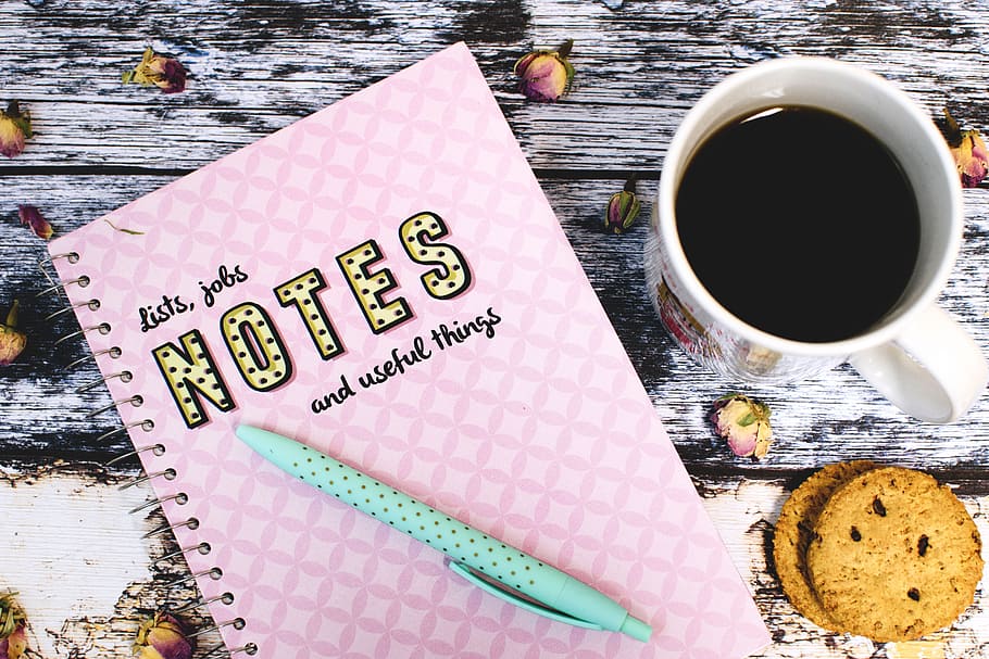 pink, notes, teal click pen, next, white, ceramic, mug, coffee, notebook, pen
